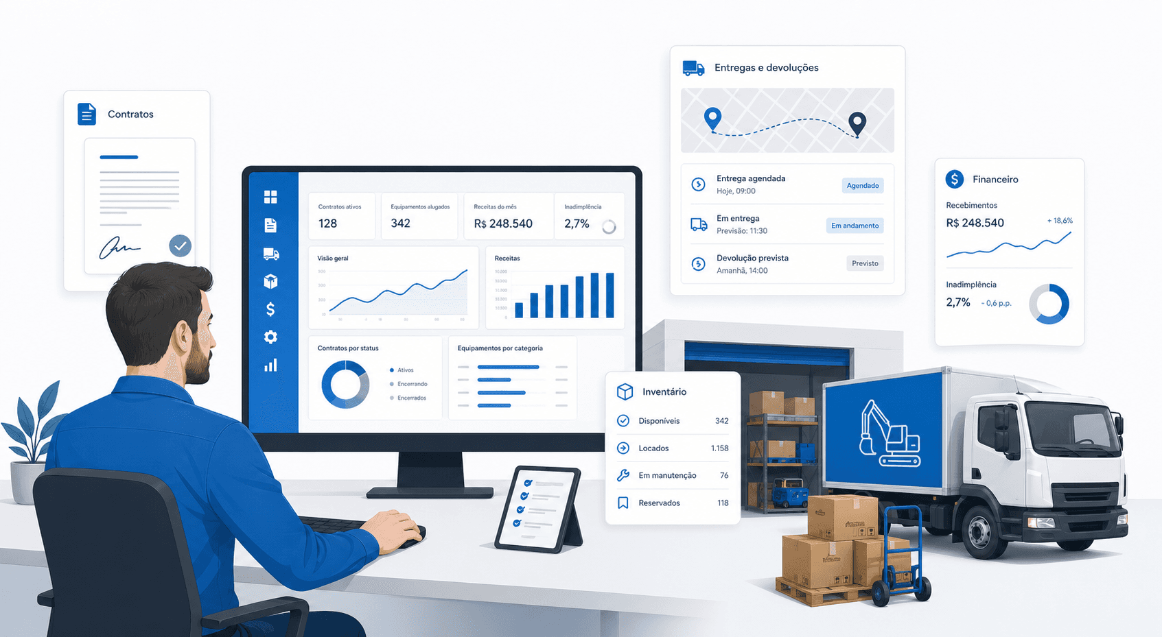 Ilustração do Fusion ERP com visualização de dashboard e calendário